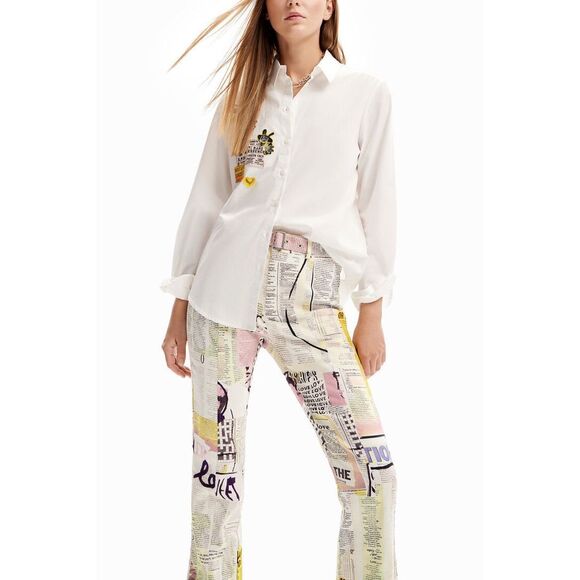 NEW Desigual Flare Trousers in Newspaper Print Small - Picture 1 of 8